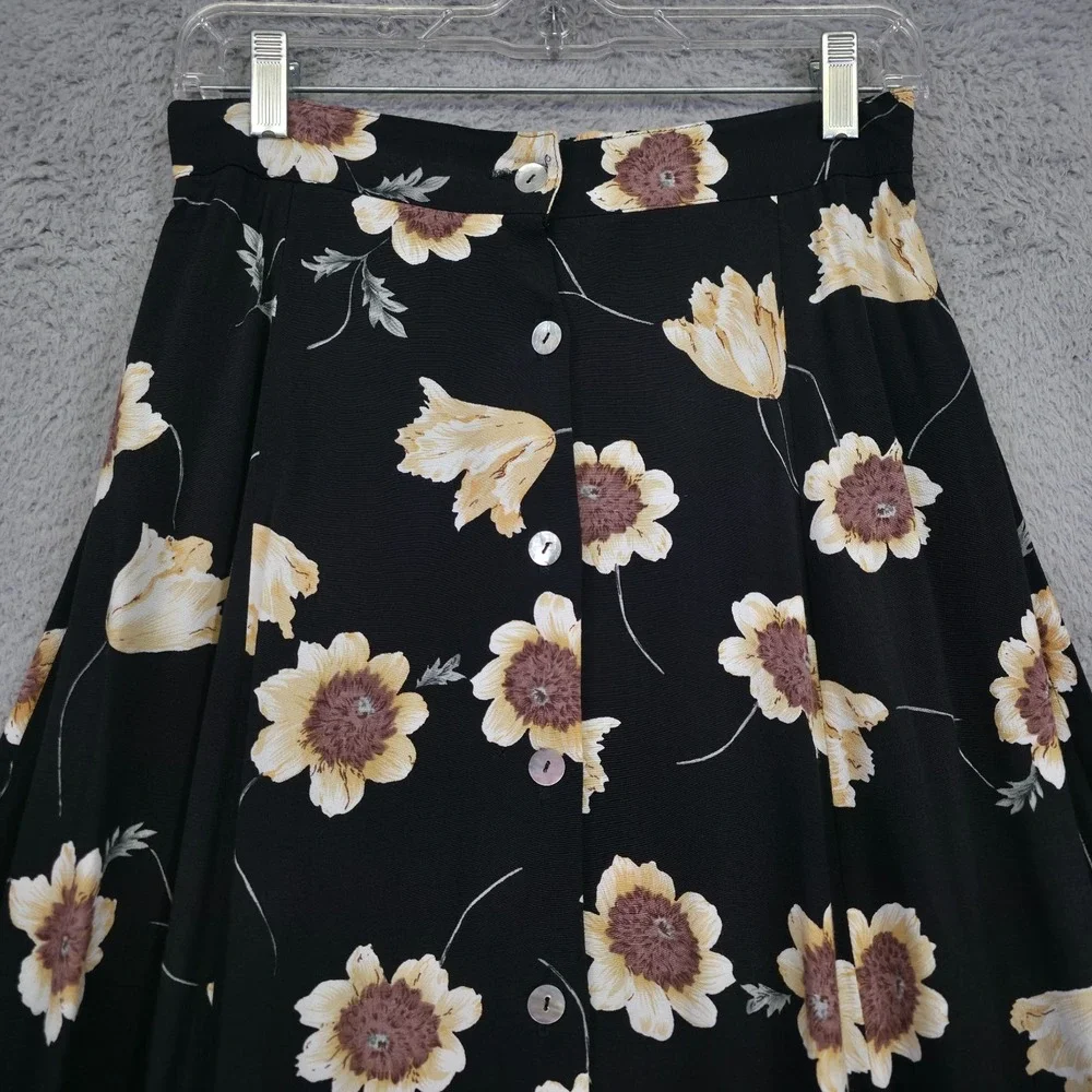 Vintage Vivoli Skirt Womens M Black Button Down Pleated Floral Cottagecore USA‎ - Picture 7 of 14